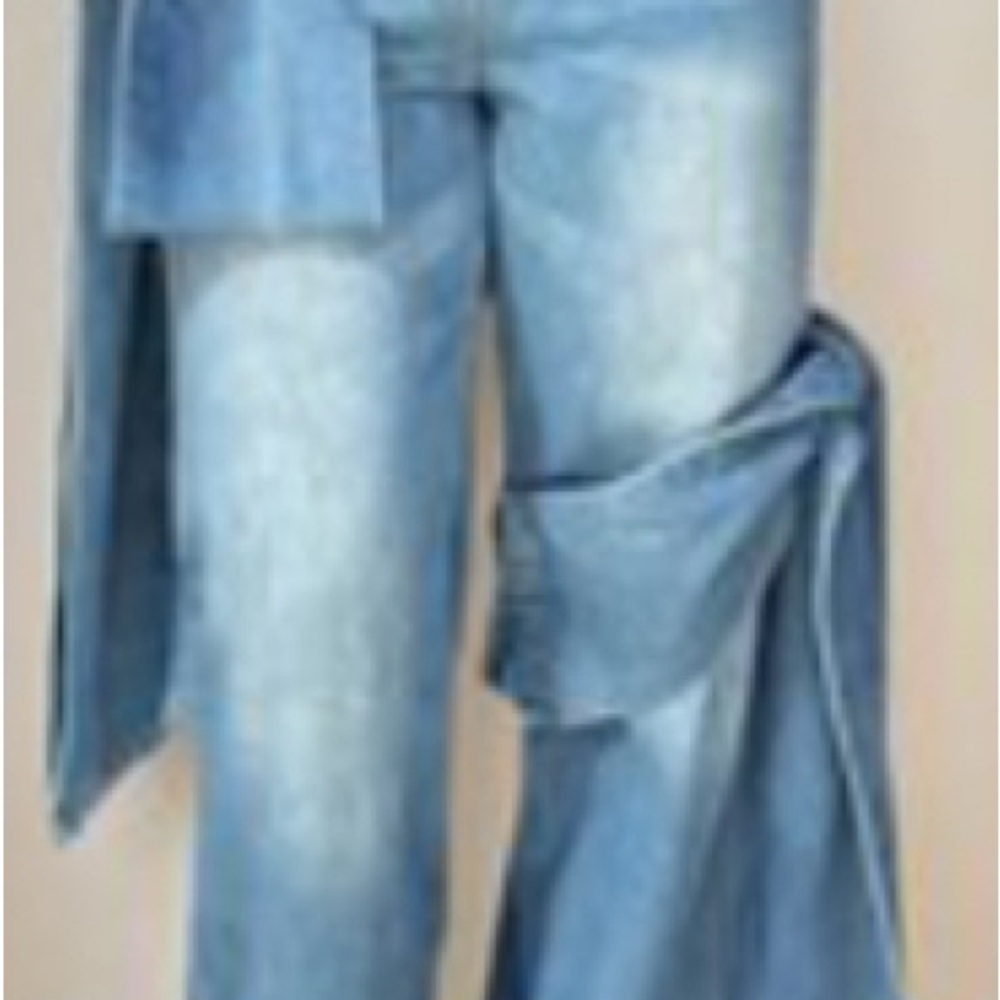 Blue Flare Wide Leg Jeans with Draped Detail